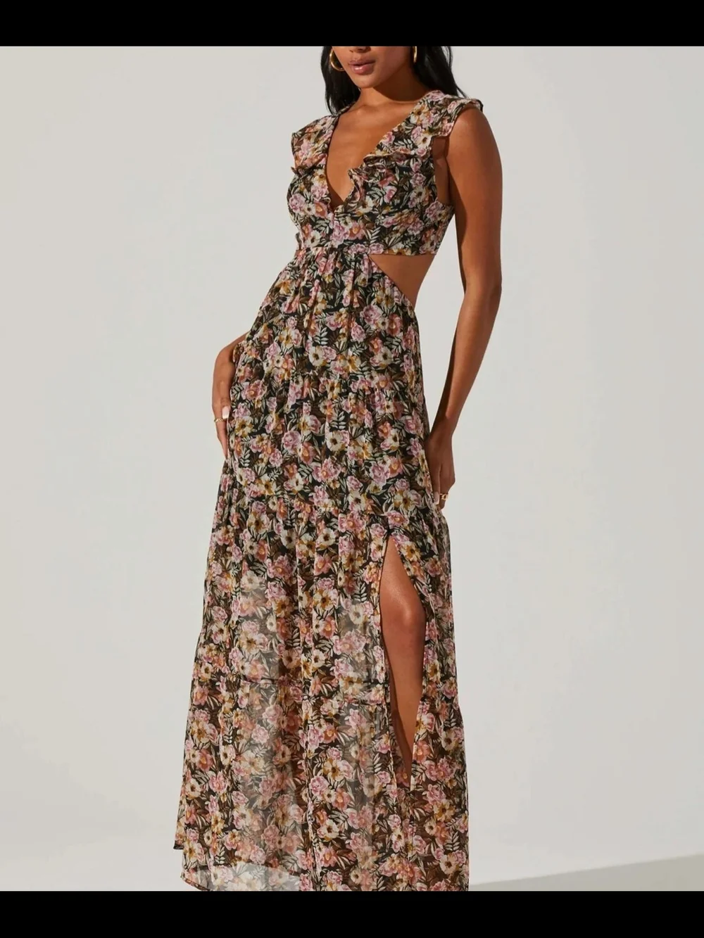 Astr Floral Maxi Dress in Black with Pink & Green Print - Picture 1 of 8